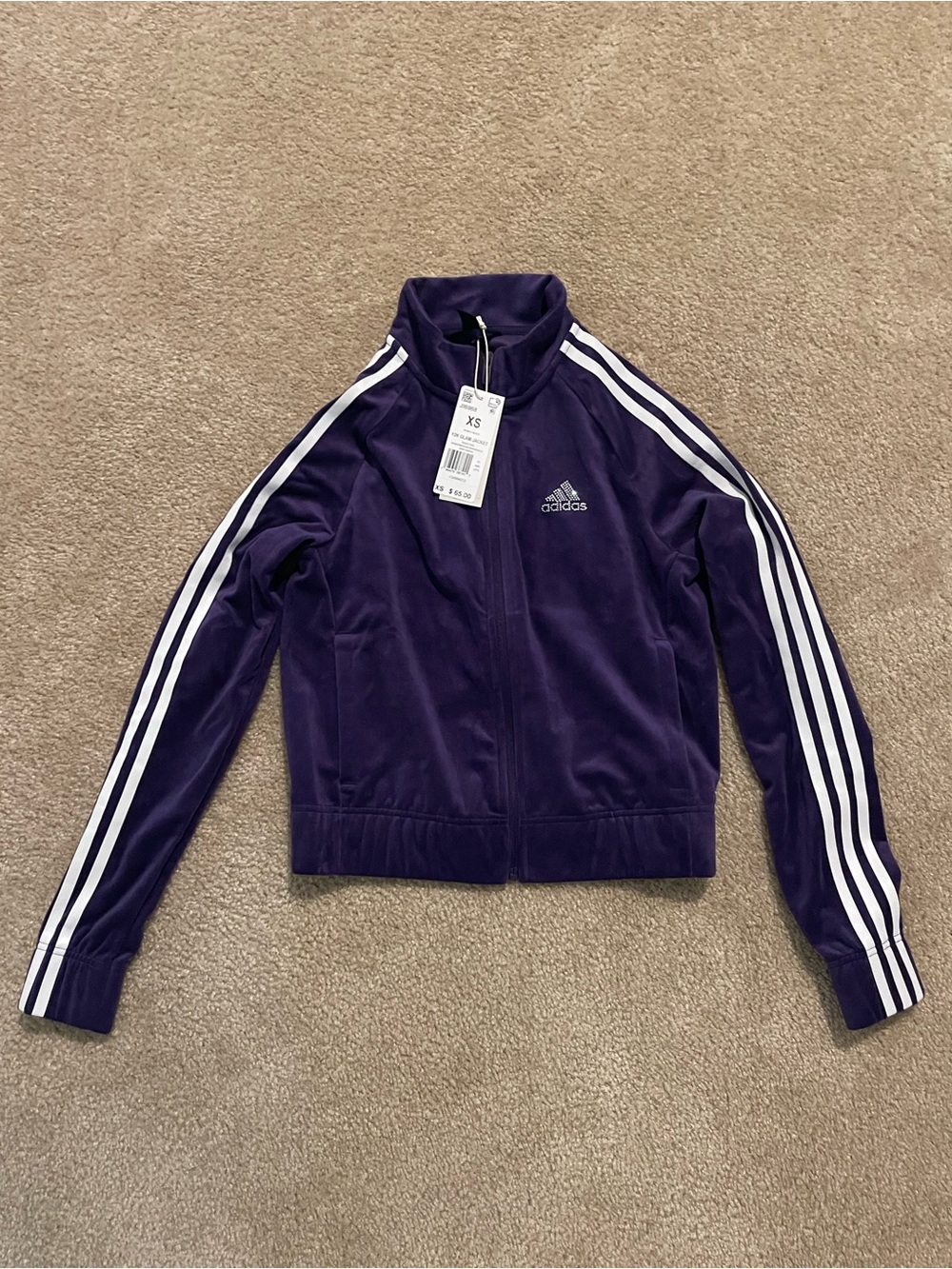 adidas Purple Velour Track Jacket with White 3-Stripes